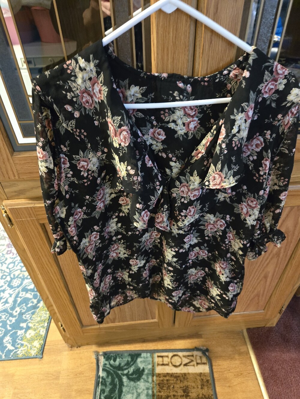 Floral V-Neck Women's Blouse - Black with Pink Rose Print